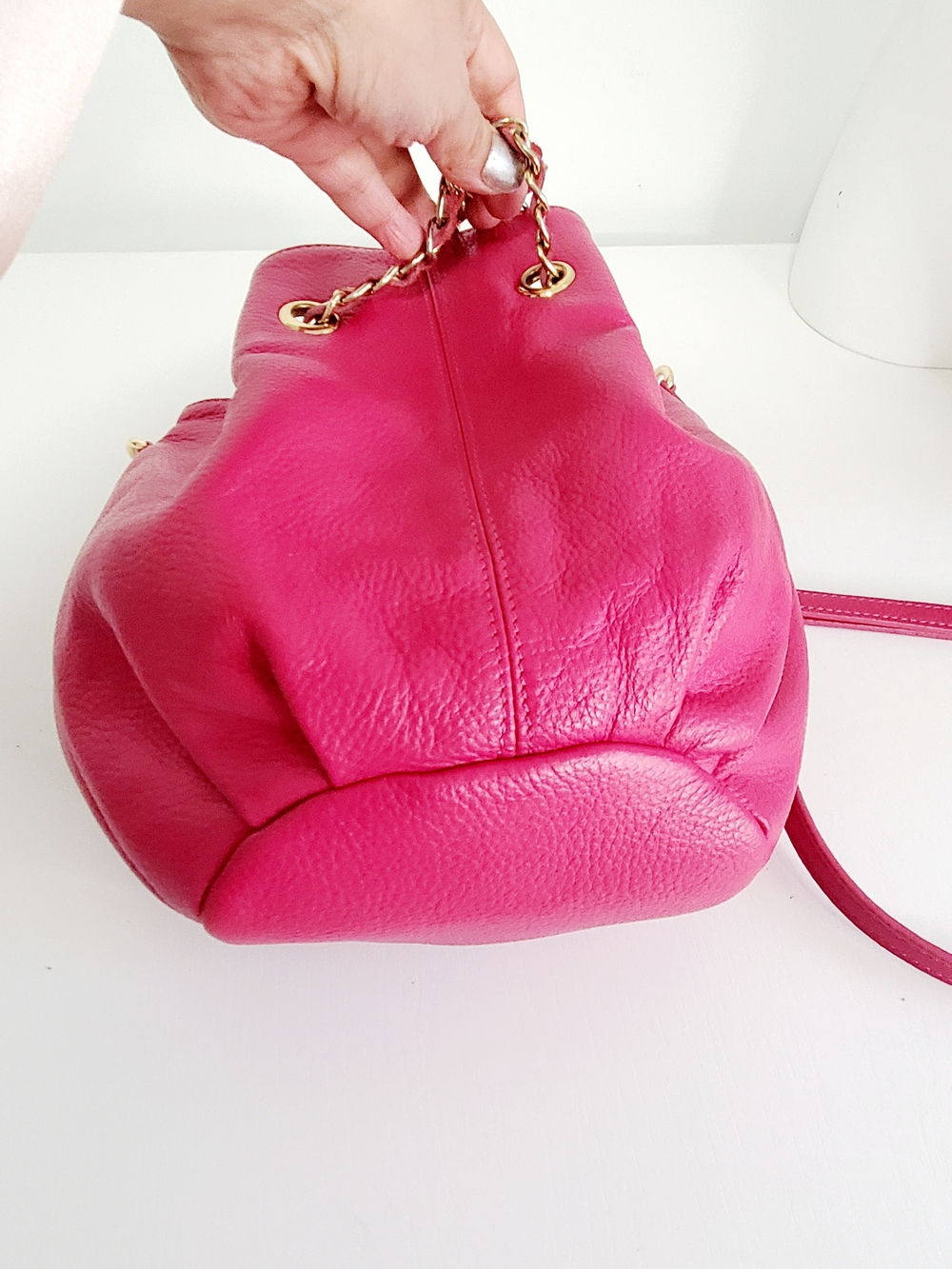 Hot Pink Pebbled Leather Mini Drawstring Bucket Bag with Gold Chain - Picture 4 of 7